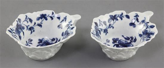 A pair of Worcester geranium leaf butter boats, decorated with the Butter Boat Mansfield pattern, c.1758-1760, 8.9cm long